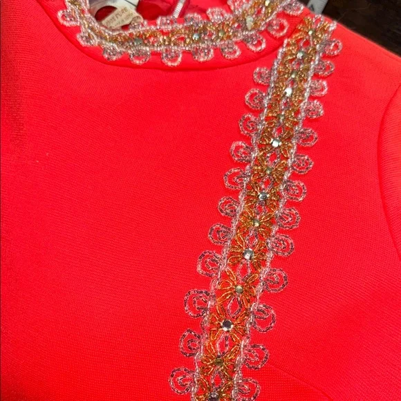 Vintage Chic Orange Midi Dress with Gold & White Embellishment - Picture 6 of 10